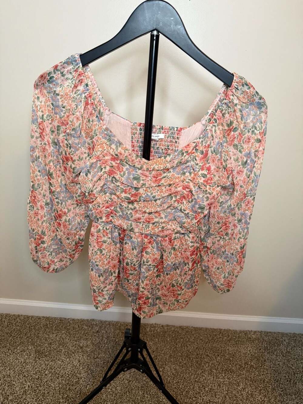 American Eagle Outfitters Floral Ruched Square Neck Blouse Size XS